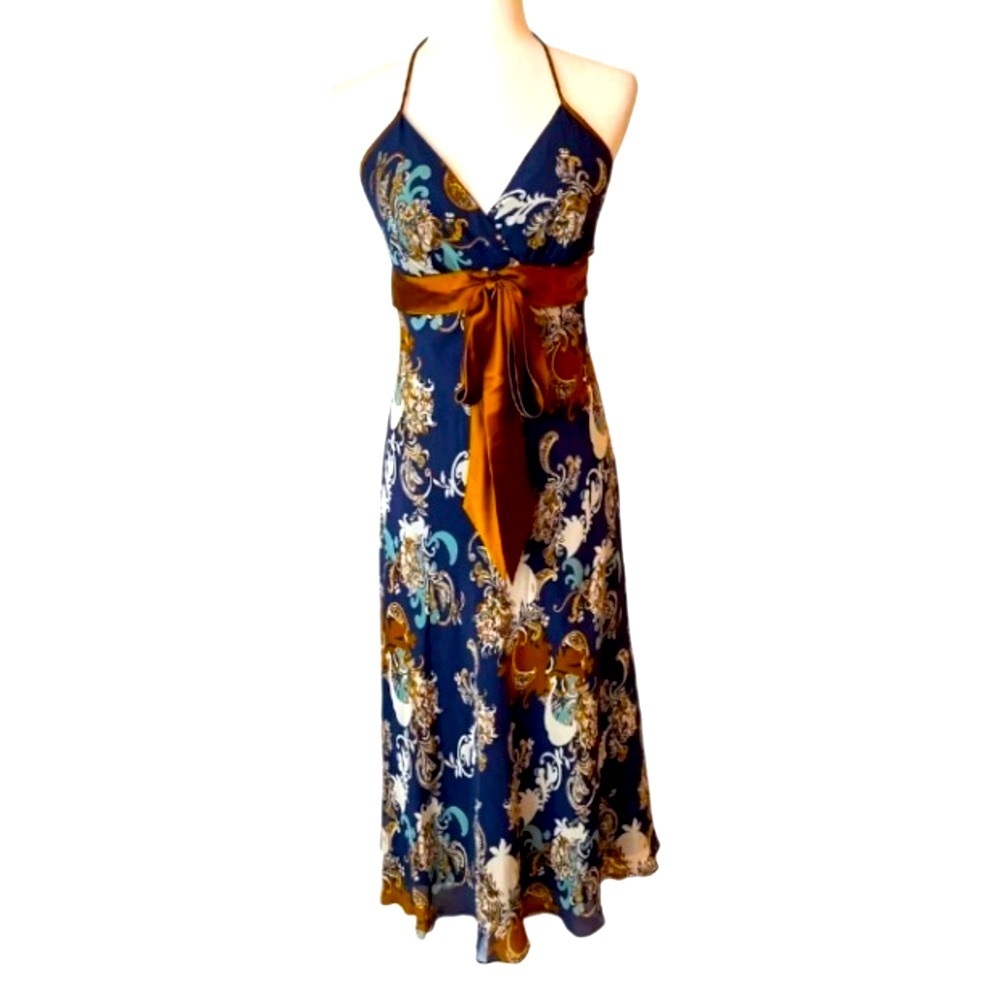 Max & Cleo 100% Silk Halter Maxi Dress NWT Blue Brown Paisley Boho Size 8 - Picture 3 of 10